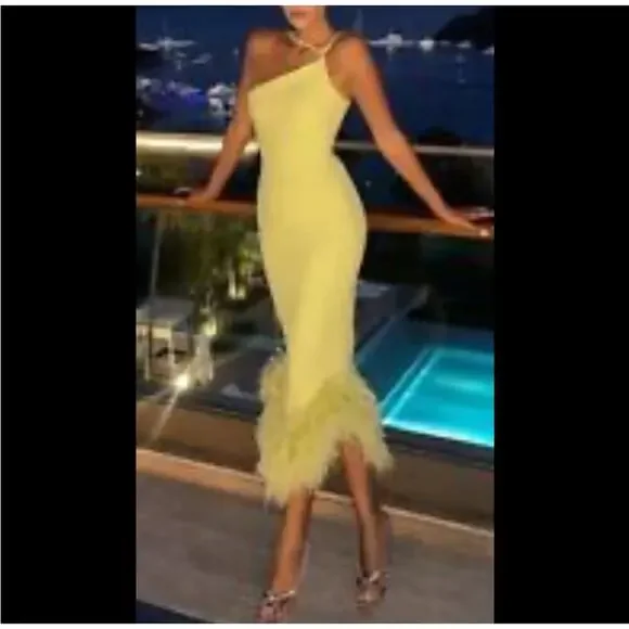 House of CB Alessia Asymmetric Feather Trim Midi Dress Green Size Small NWT  - threedaughtersproperties.com